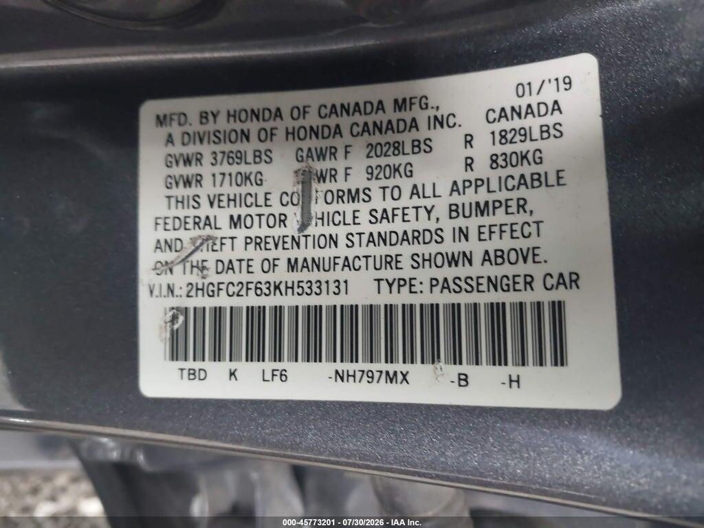 2HGFC2F63KH533131 2019 HONDA CIVIC photo no. 9