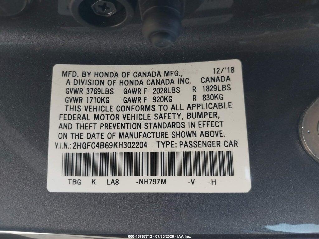 2HGFC4B69KH302204 2019 HONDA CIVIC photo no. 9