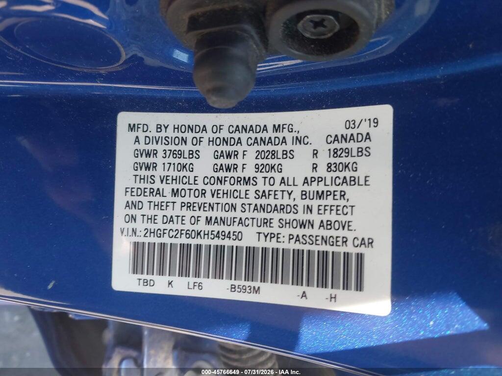 2HGFC2F60KH549450 2019 HONDA CIVIC photo no. 9