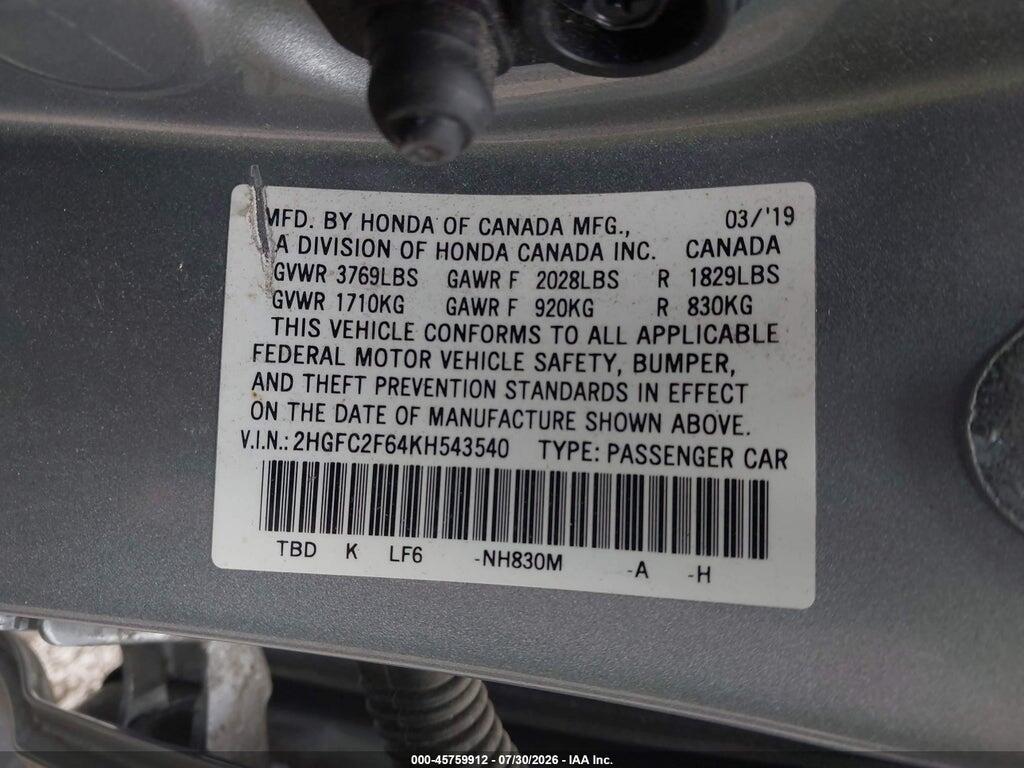 2HGFC2F64KH543540 2019 HONDA CIVIC photo no. 9