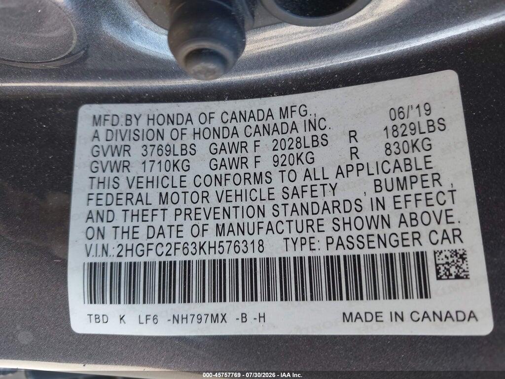 2HGFC2F63KH576318 2019 HONDA CIVIC photo no. 9
