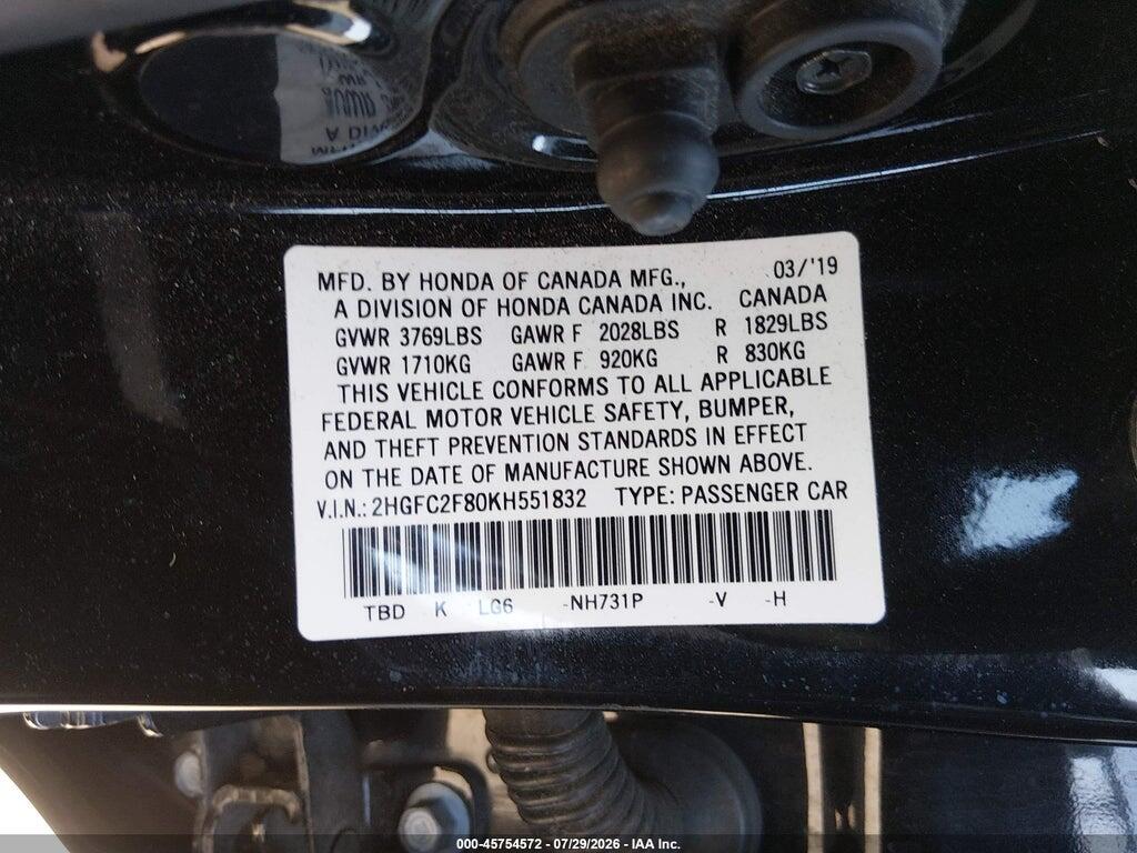2HGFC2F80KH551832 2019 HONDA CIVIC photo no. 9
