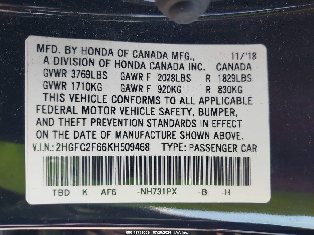 2HGFC2F66KH509468 2019 HONDA CIVIC photo no. 9