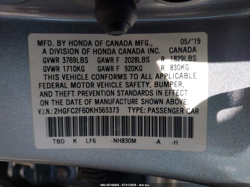 2HGFC2F60KH565373 2019 HONDA CIVIC photo no. 9