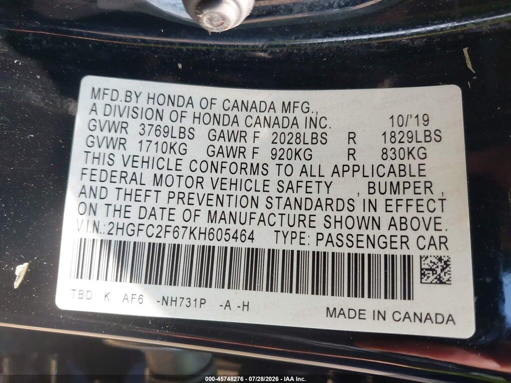 2HGFC2F67KH605464 2019 HONDA CIVIC photo no. 9
