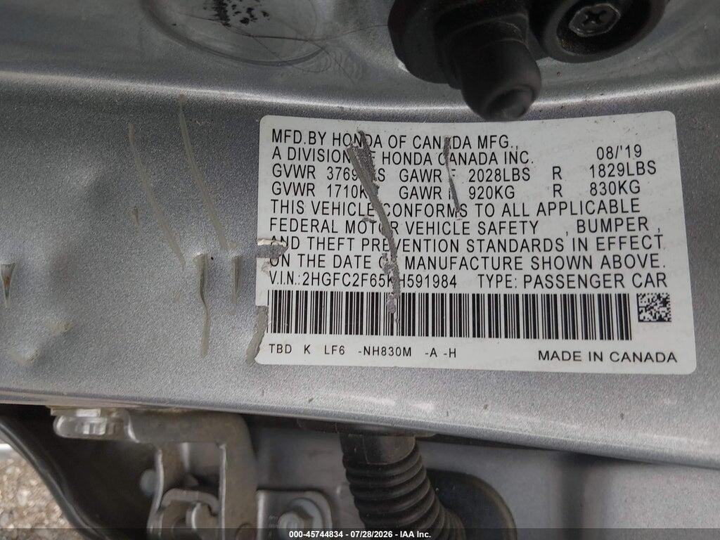 2HGFC2F65KH591984 2019 HONDA CIVIC photo no. 9