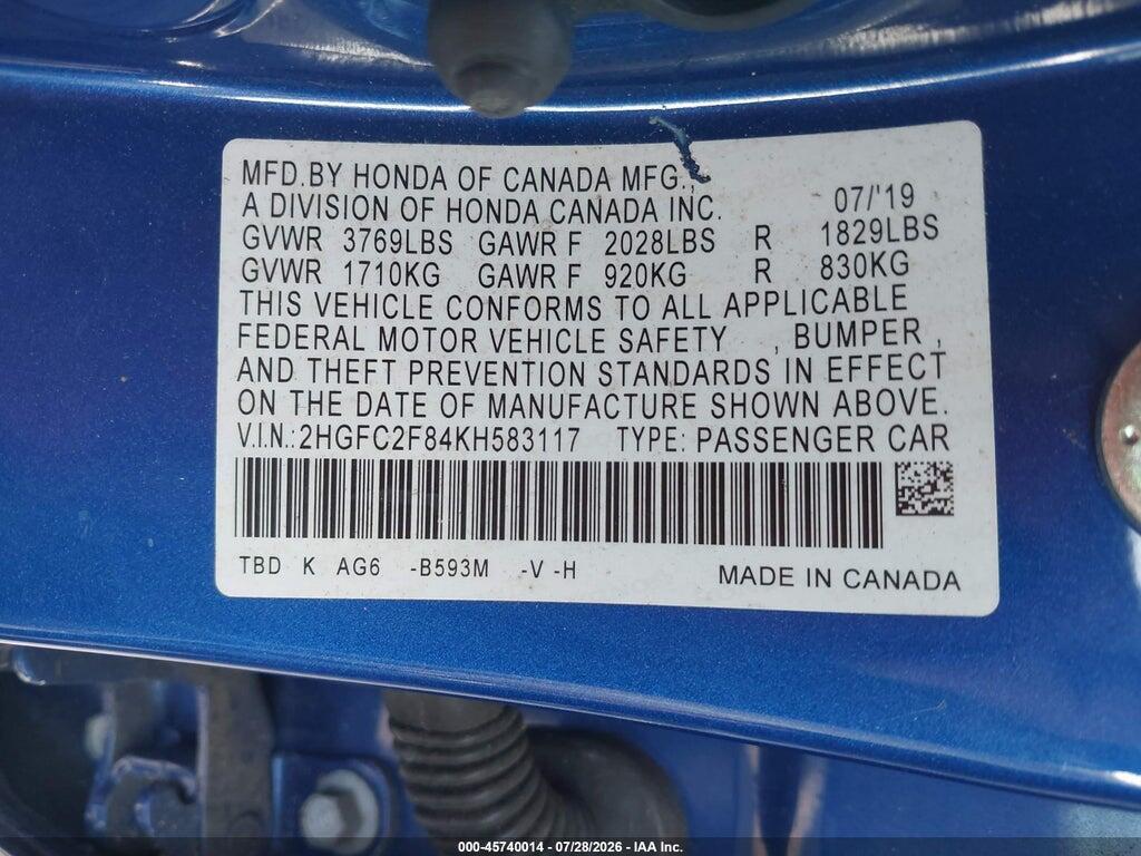 2HGFC2F84KH583117 2019 HONDA CIVIC photo no. 9