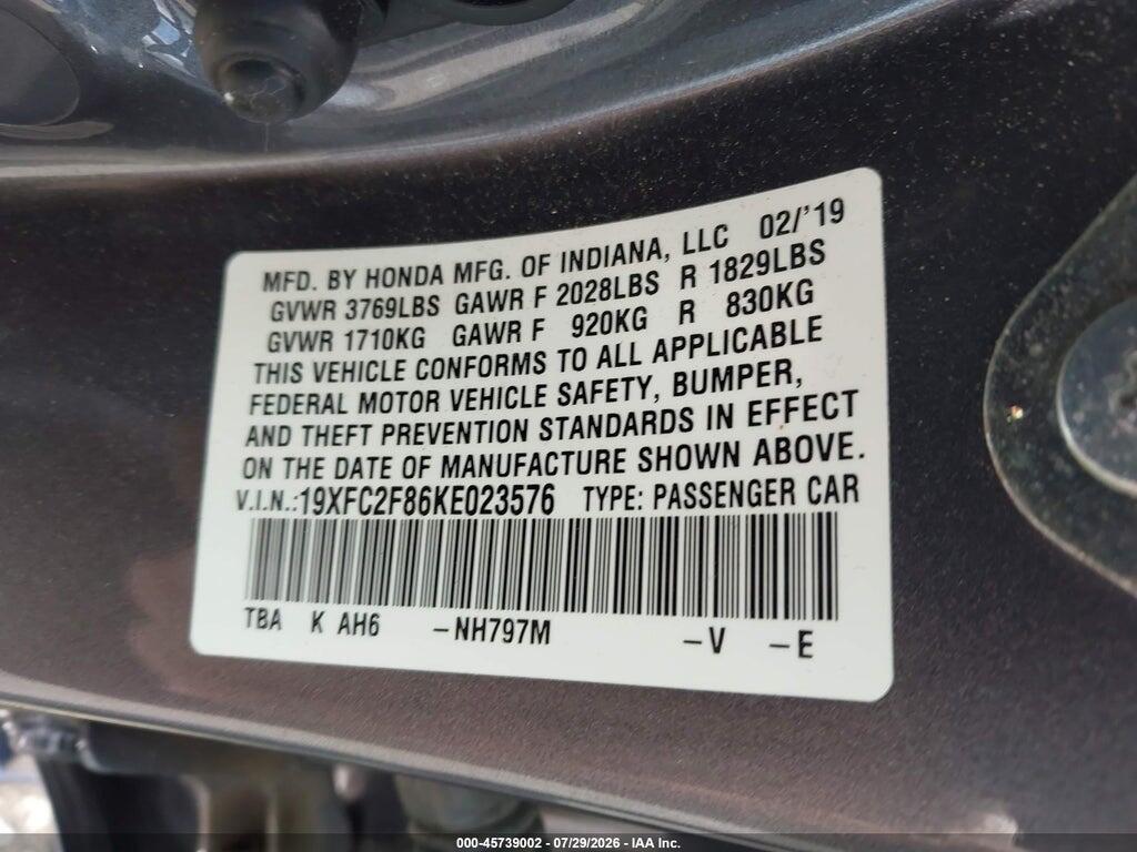 19XFC2F86KE023576 2019 HONDA CIVIC photo no. 9