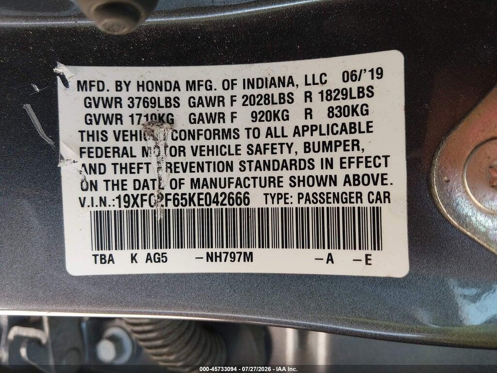 19XFC2F65KE042666 2019 HONDA CIVIC photo no. 9
