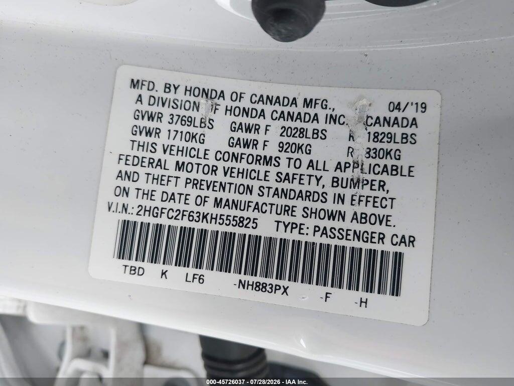 2HGFC2F63KH555825 2019 HONDA CIVIC photo no. 9