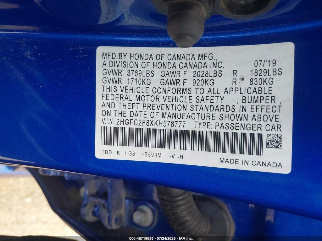 2HGFC2F8XKH578777 2019 HONDA CIVIC photo no. 9