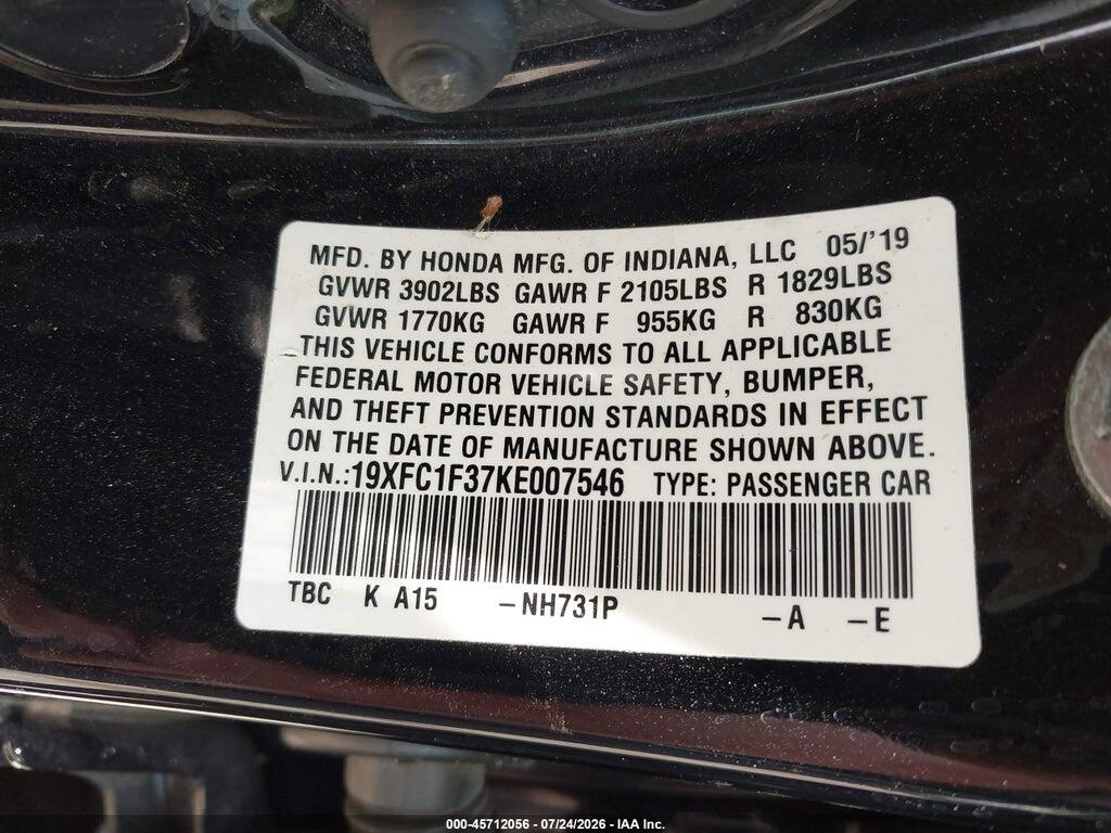 19XFC1F37KE007546 2019 HONDA CIVIC photo no. 9