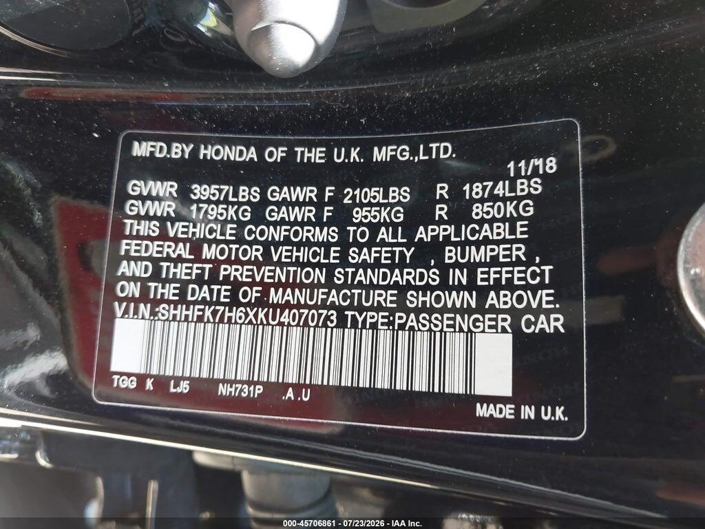 SHHFK7H6XKU407073 2019 HONDA CIVIC photo no. 9