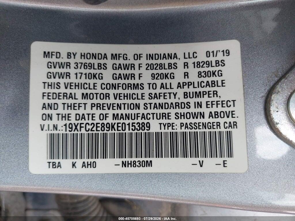 19XFC2E89KE015389 2019 HONDA CIVIC photo no. 9