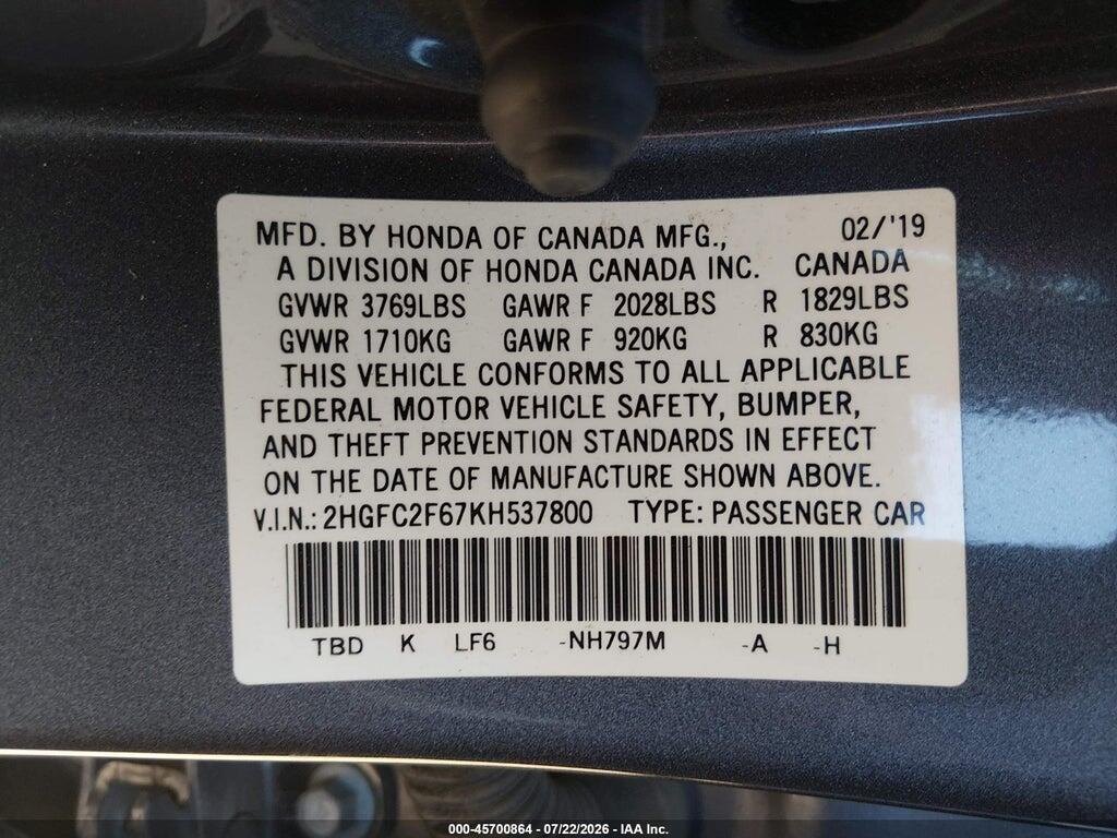 2HGFC2F67KH537800 2019 HONDA CIVIC photo no. 9