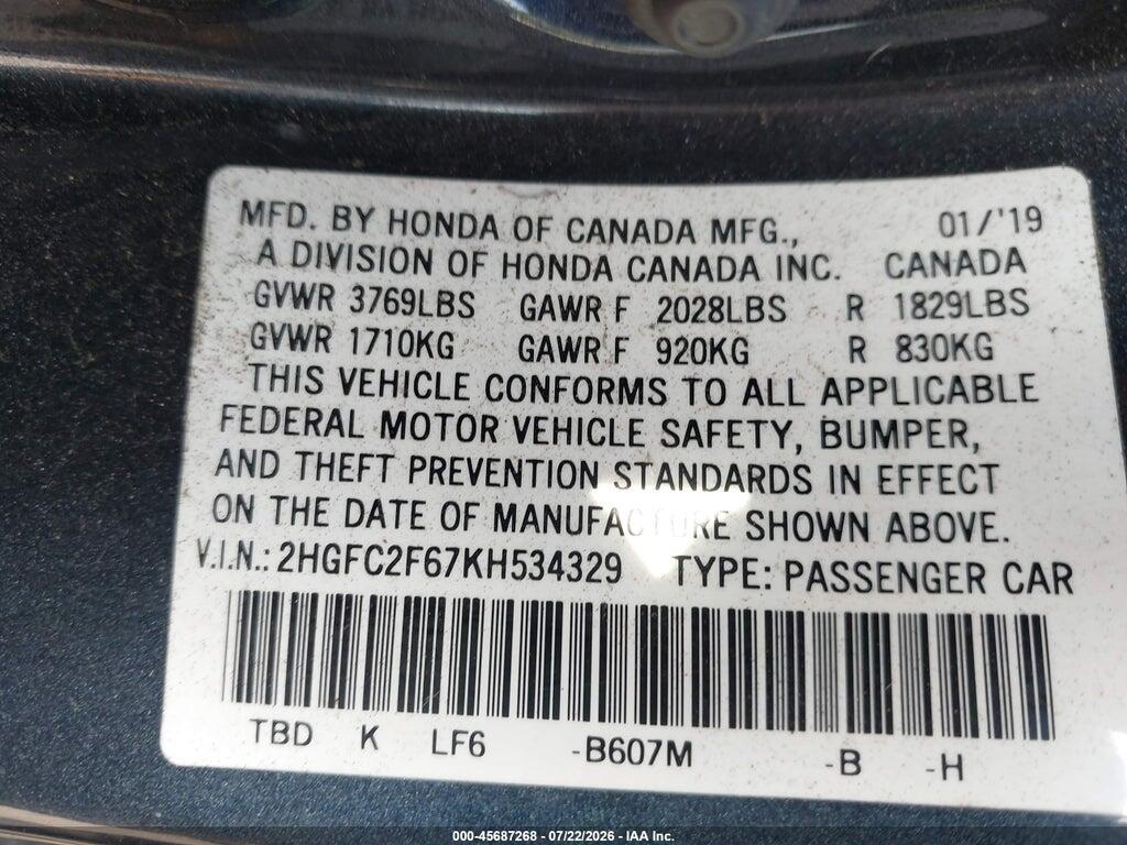 2HGFC2F67KH534329 2019 HONDA CIVIC photo no. 9