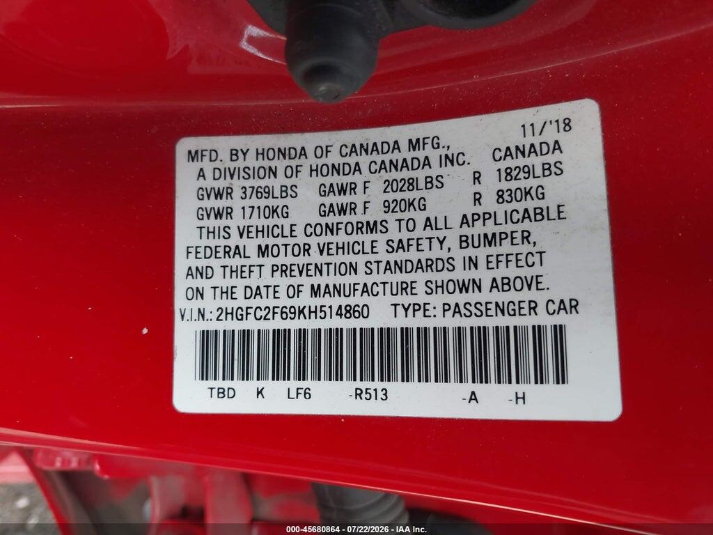2HGFC2F69KH514860 2019 HONDA CIVIC photo no. 9