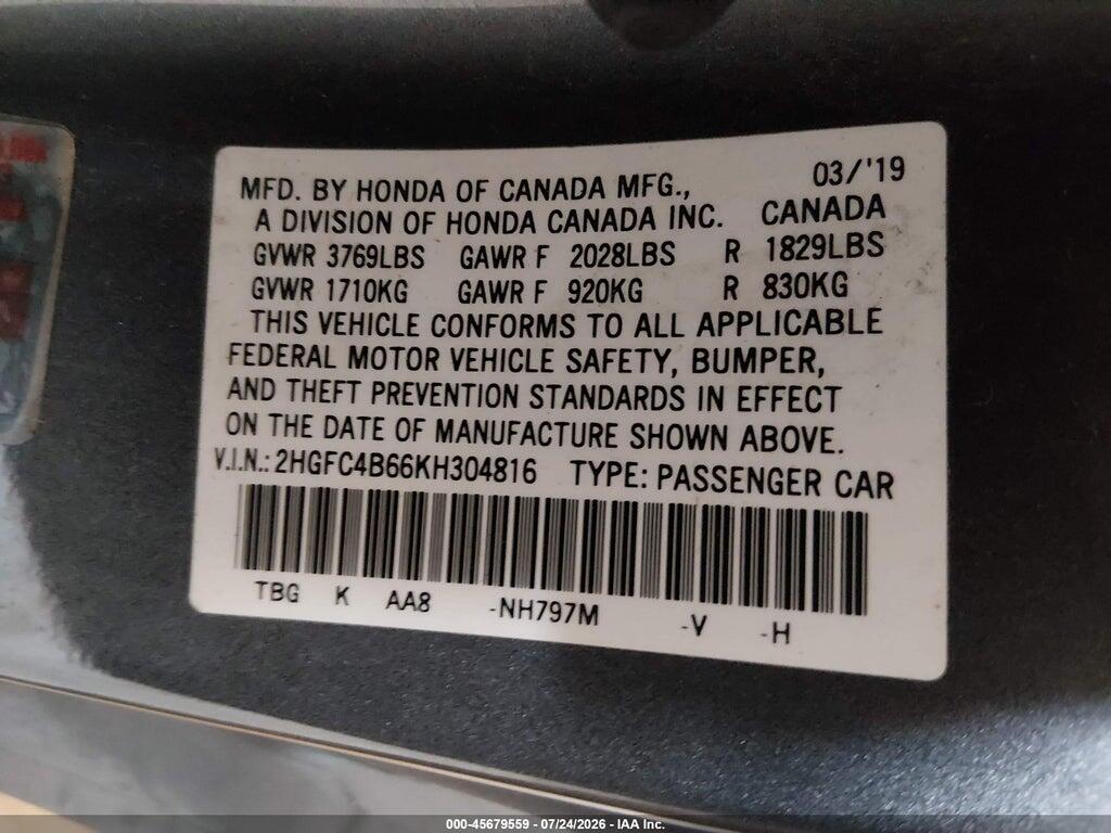 2HGFC4B66KH304816 2019 HONDA CIVIC photo no. 9