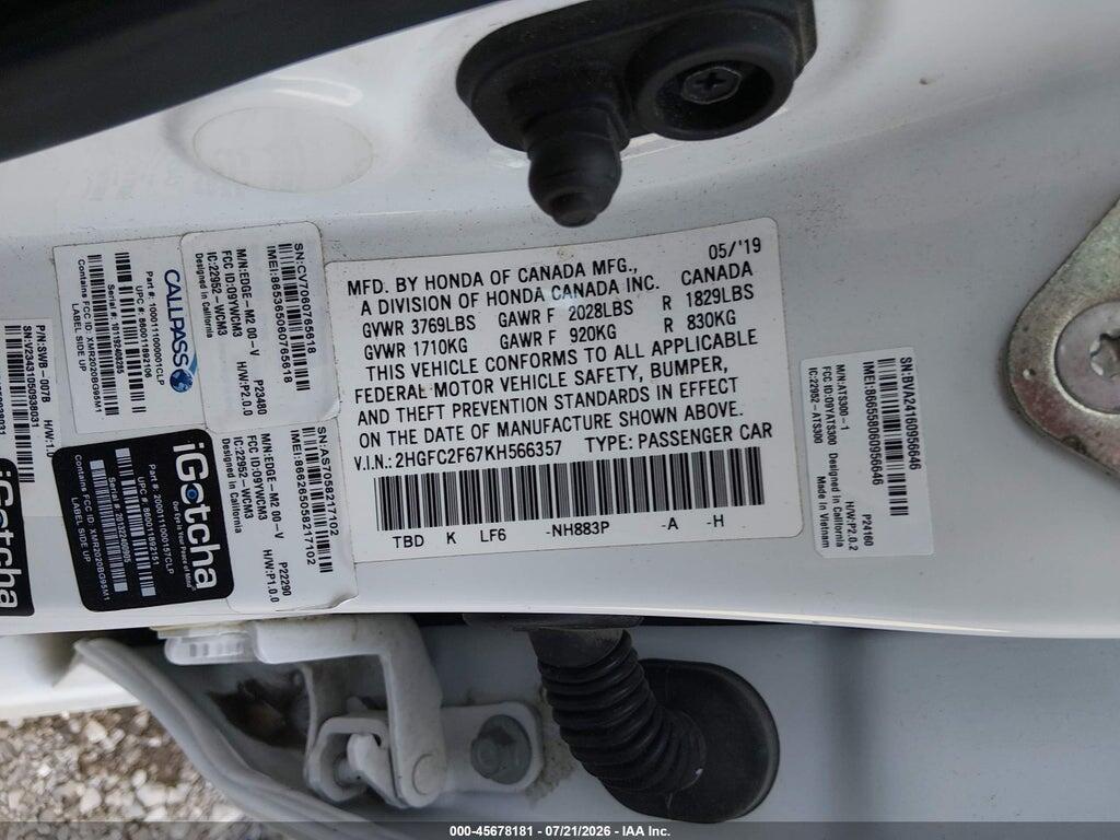 2HGFC2F67KH566357 2019 HONDA CIVIC photo no. 9