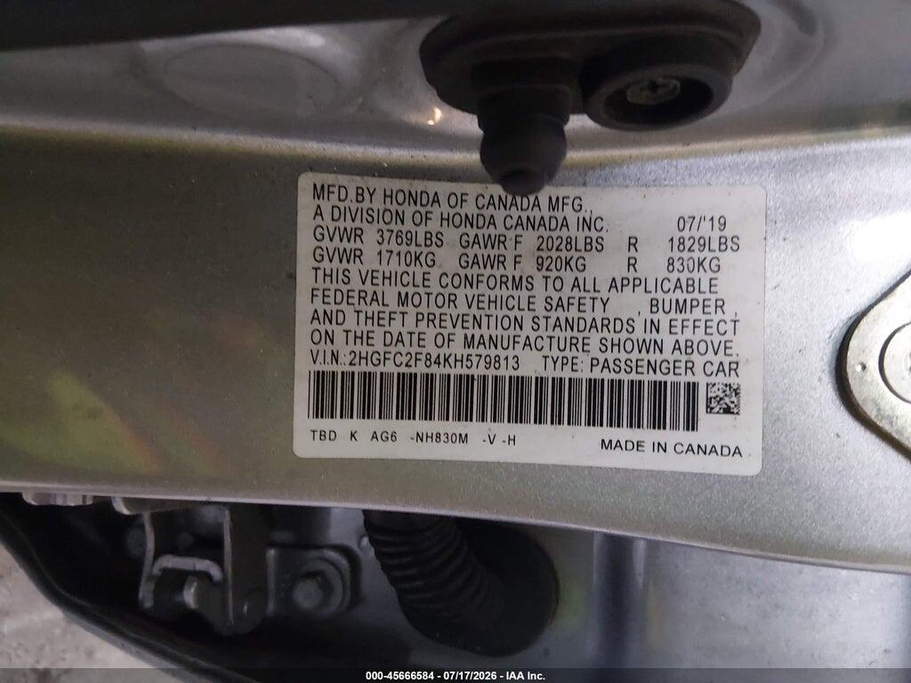 2HGFC2F84KH579813 2019 HONDA CIVIC photo no. 9