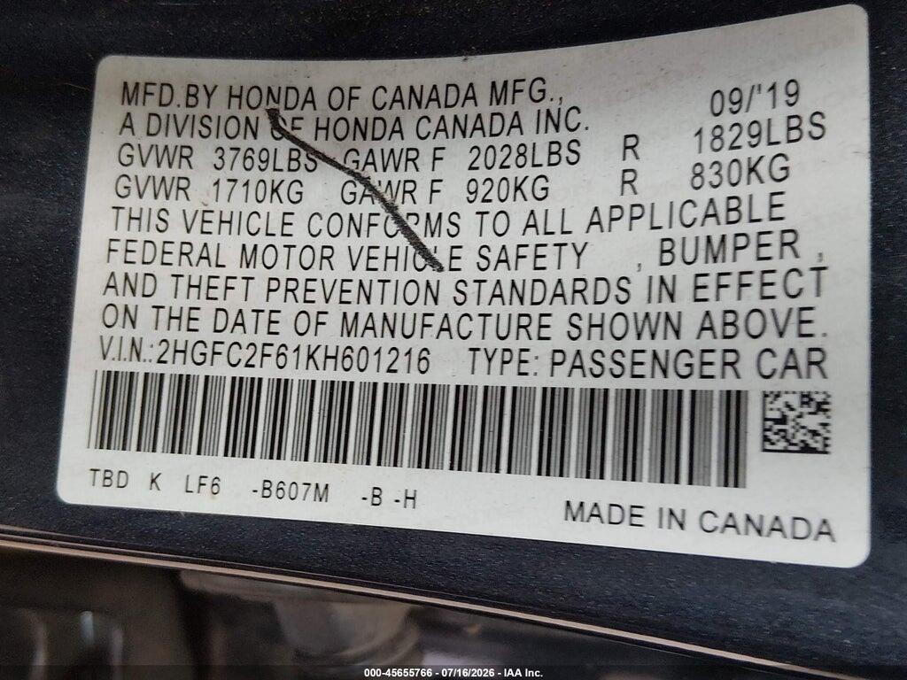 2HGFC2F61KH601216 2019 HONDA CIVIC photo no. 9
