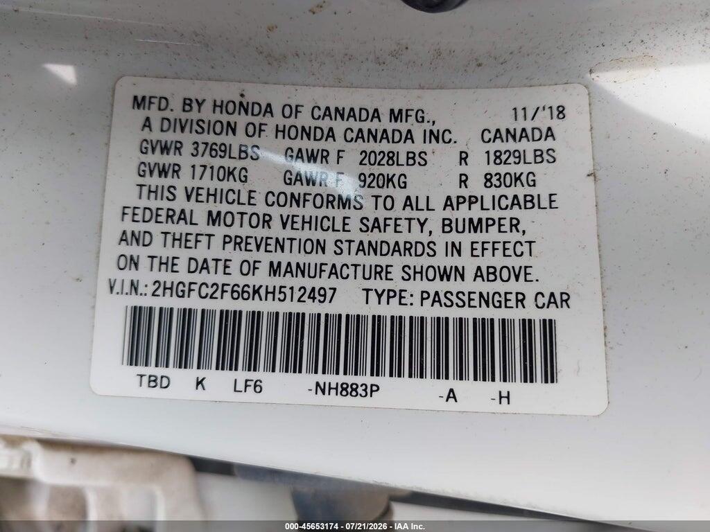2HGFC2F66KH512497 2019 HONDA CIVIC photo no. 9