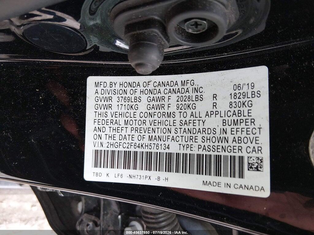 2HGFC2F64KH576134 2019 HONDA CIVIC photo no. 9