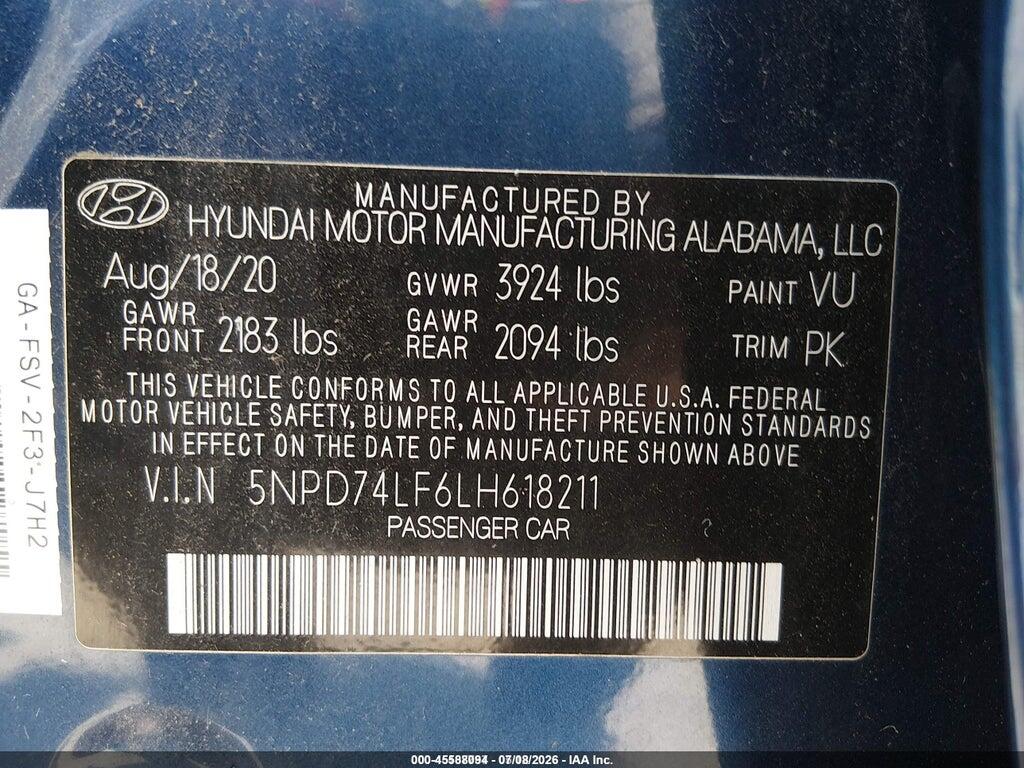 5NPD74LF6LH618211 2020 HYUNDAI ELANTRA photo no. 9