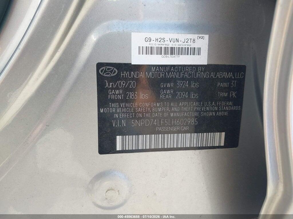 5NPD74LF5LH602985 2020 HYUNDAI ELANTRA photo no. 9
