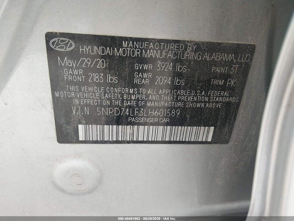 5NPD74LF3LH601589 2020 HYUNDAI ELANTRA photo no. 9