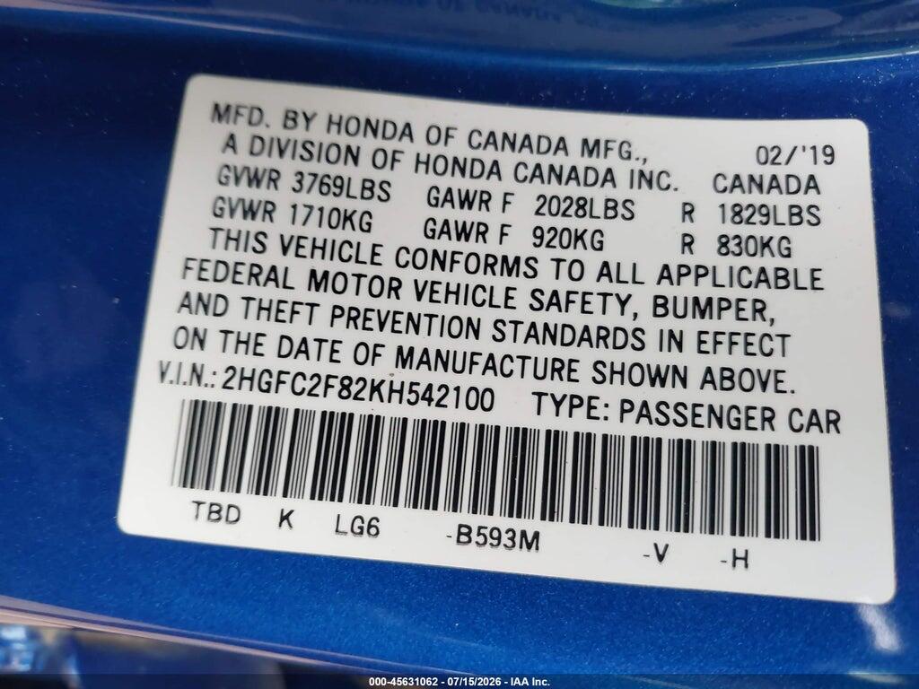 2HGFC2F82KH542100 2019 HONDA CIVIC photo no. 9