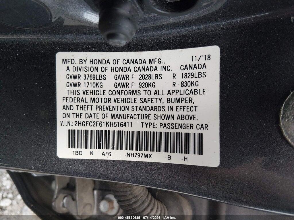 2HGFC2F61KH516411 2019 HONDA CIVIC photo no. 9
