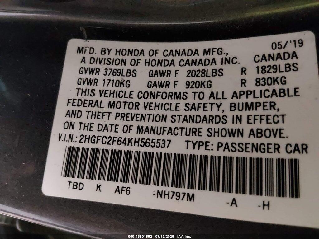 2HGFC2F64KH565537 2019 HONDA CIVIC photo no. 9