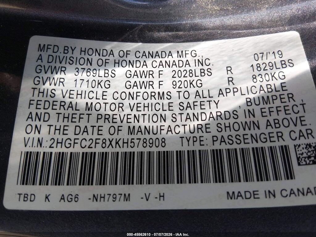 2HGFC2F8XKH578908 2019 HONDA CIVIC photo no. 9