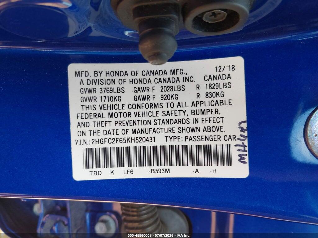 2HGFC2F65KH520431 2019 HONDA CIVIC photo no. 9