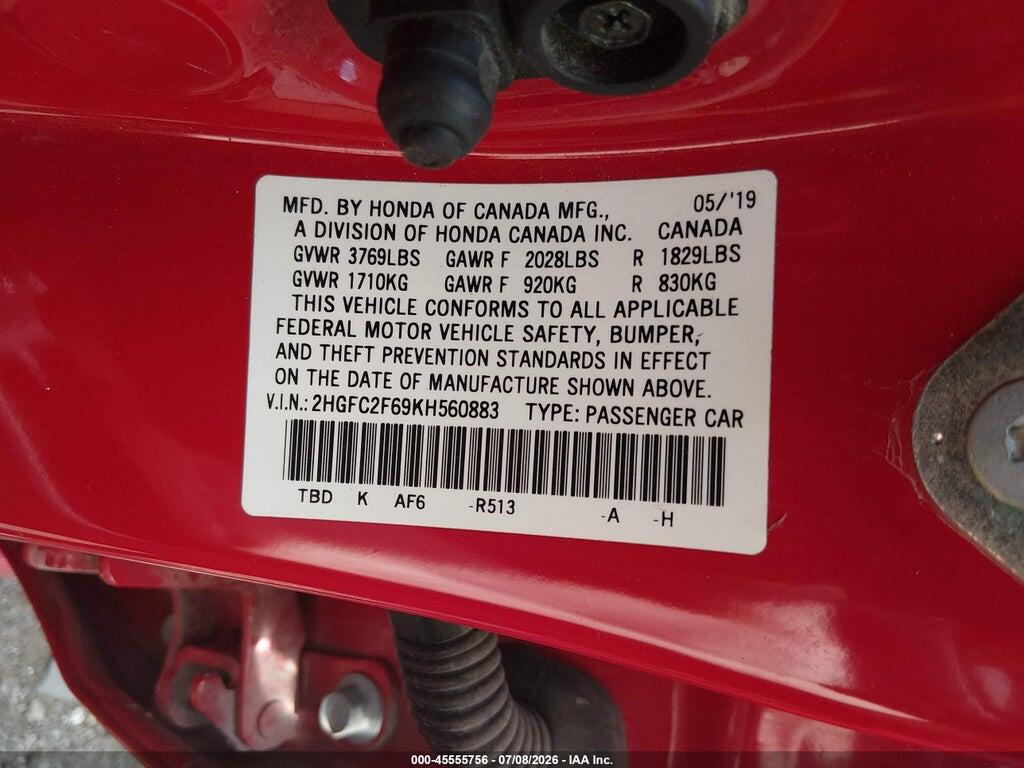 2HGFC2F69KH560883 2019 HONDA CIVIC photo no. 9