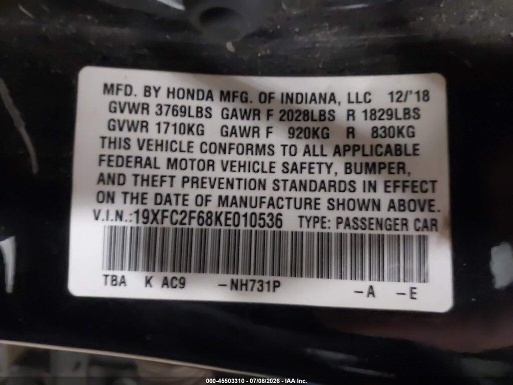 19XFC2F68KE010536 2019 HONDA CIVIC photo no. 9