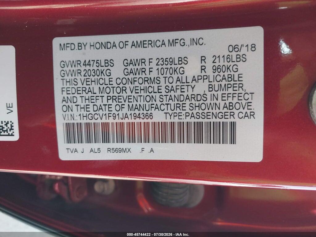 1HGCV1F91JA194366 2018 HONDA ACCORD photo no. 9
