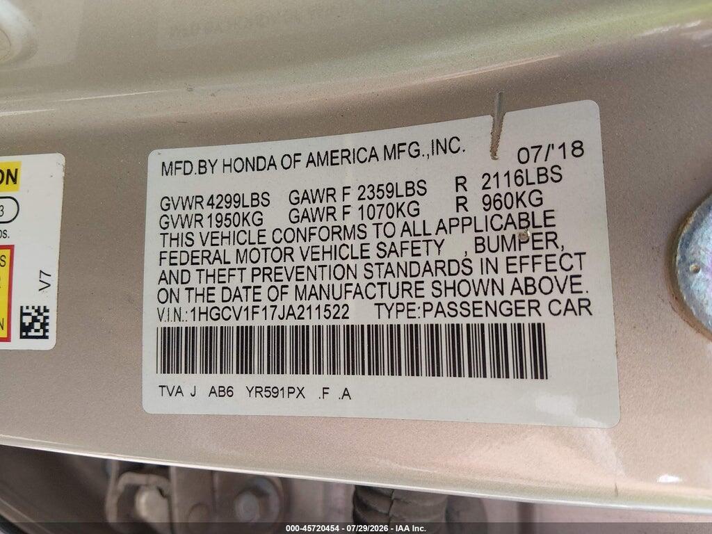 1HGCV1F17JA211522 2018 HONDA ACCORD photo no. 9