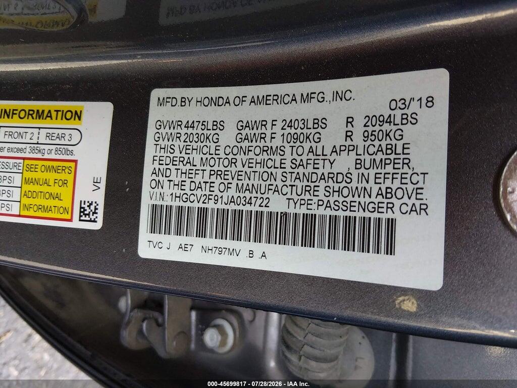 1HGCV2F91JA034722 2018 HONDA ACCORD photo no. 9