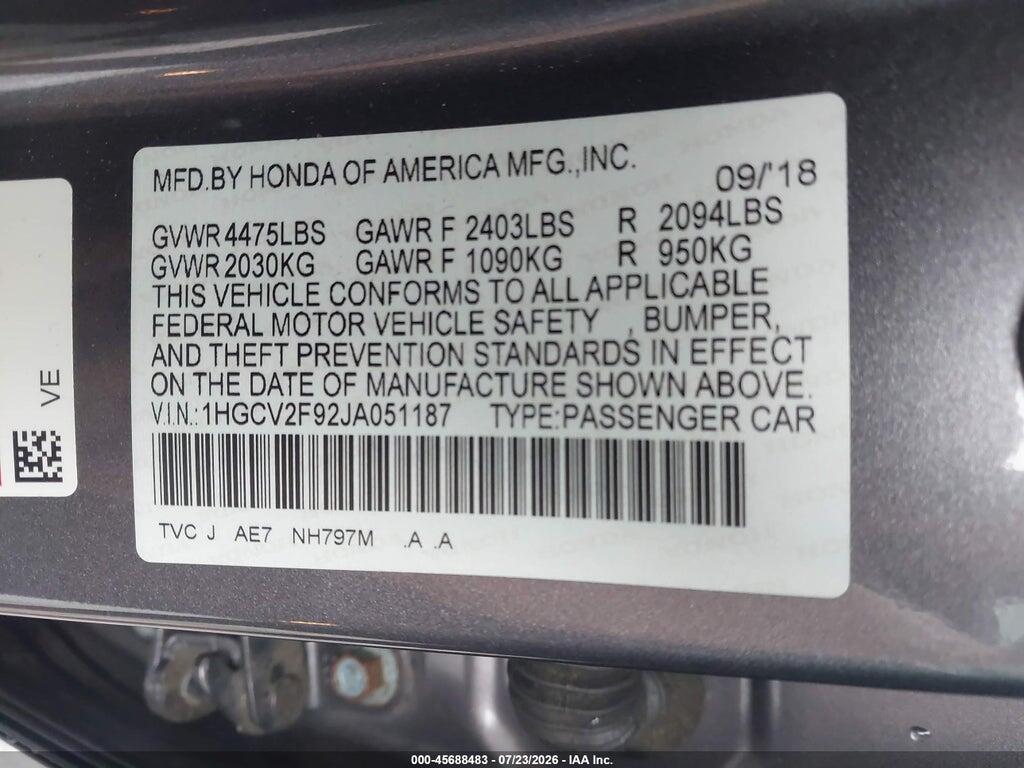 1HGCV2F92JA051187 2018 HONDA ACCORD photo no. 9