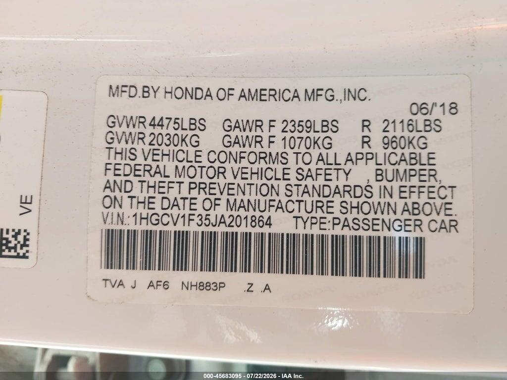 1HGCV1F35JA201864 2018 HONDA ACCORD photo no. 9