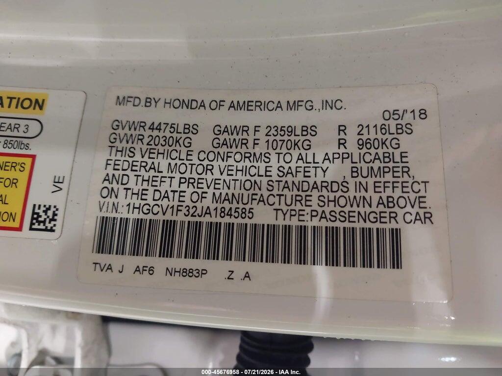 1HGCV1F32JA184585 2018 HONDA ACCORD photo no. 9