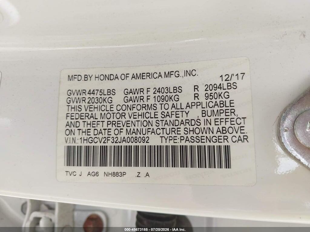1HGCV2F32JA008092 2018 HONDA ACCORD photo no. 9