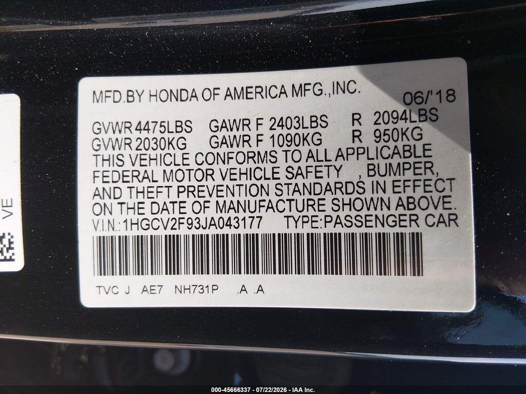 1HGCV2F93JA043177 2018 HONDA ACCORD photo no. 9