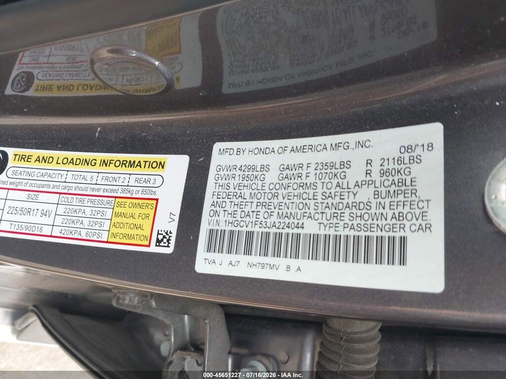 1HGCV1F53JA224044 2018 HONDA ACCORD photo no. 9