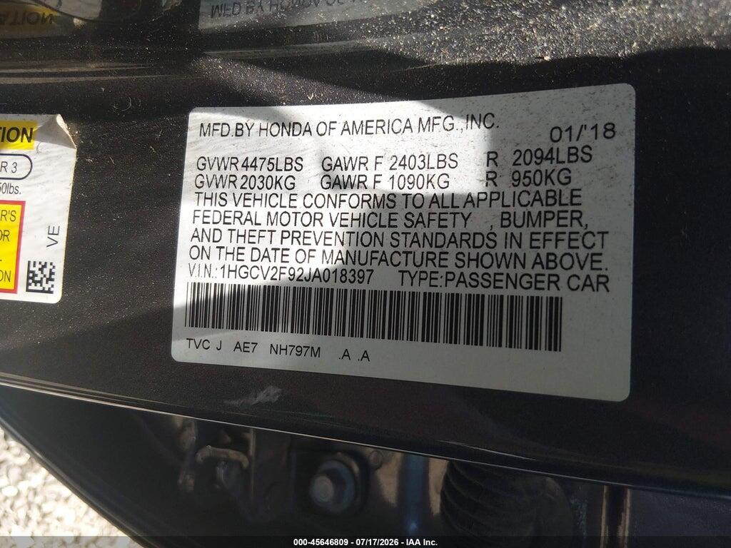1HGCV2F92JA018397 2018 HONDA ACCORD photo no. 9