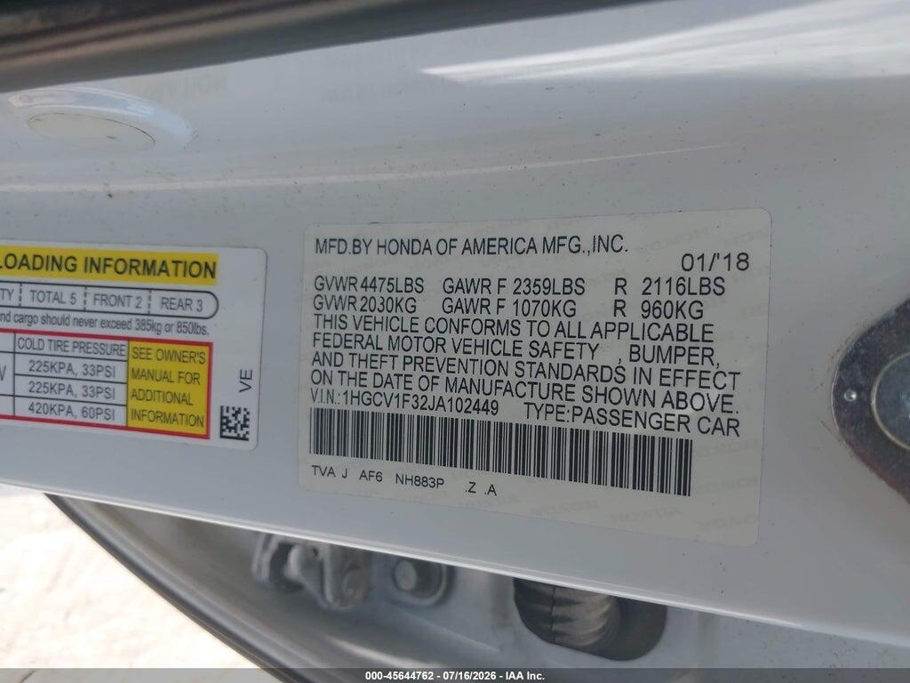 1HGCV1F32JA102449 2018 HONDA ACCORD photo no. 9
