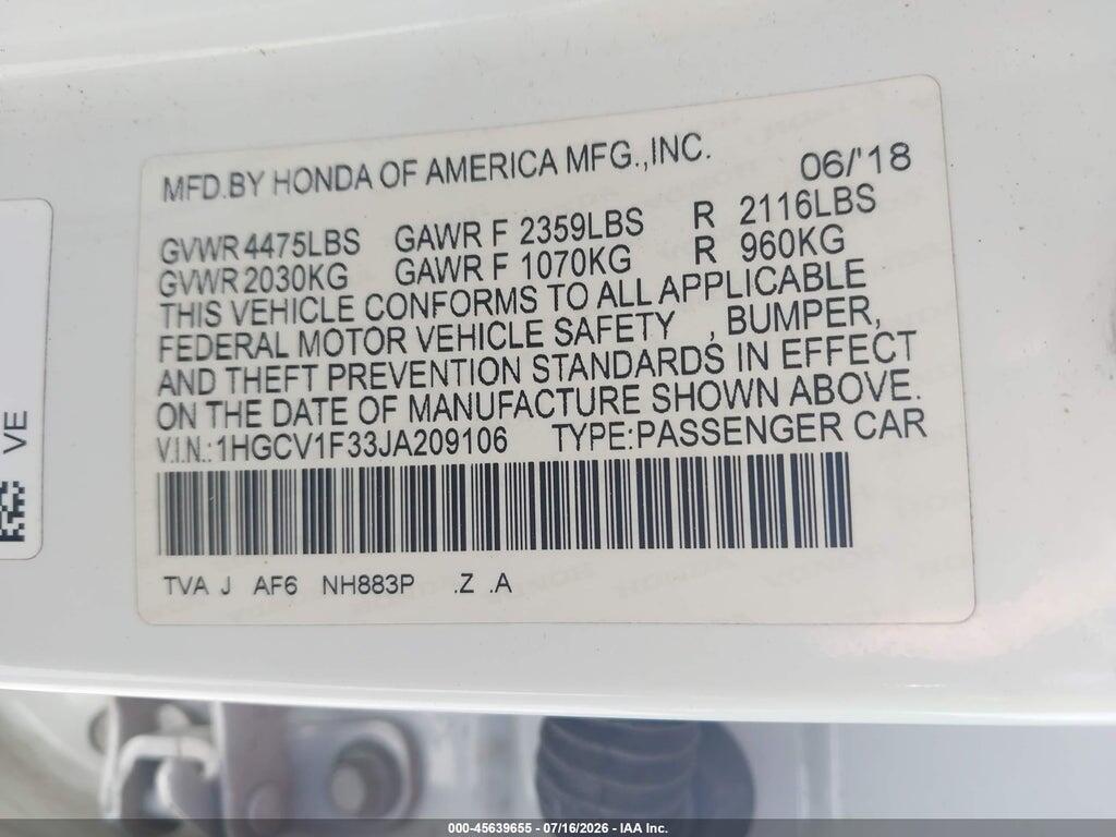 1HGCV1F33JA209106 2018 HONDA ACCORD photo no. 9