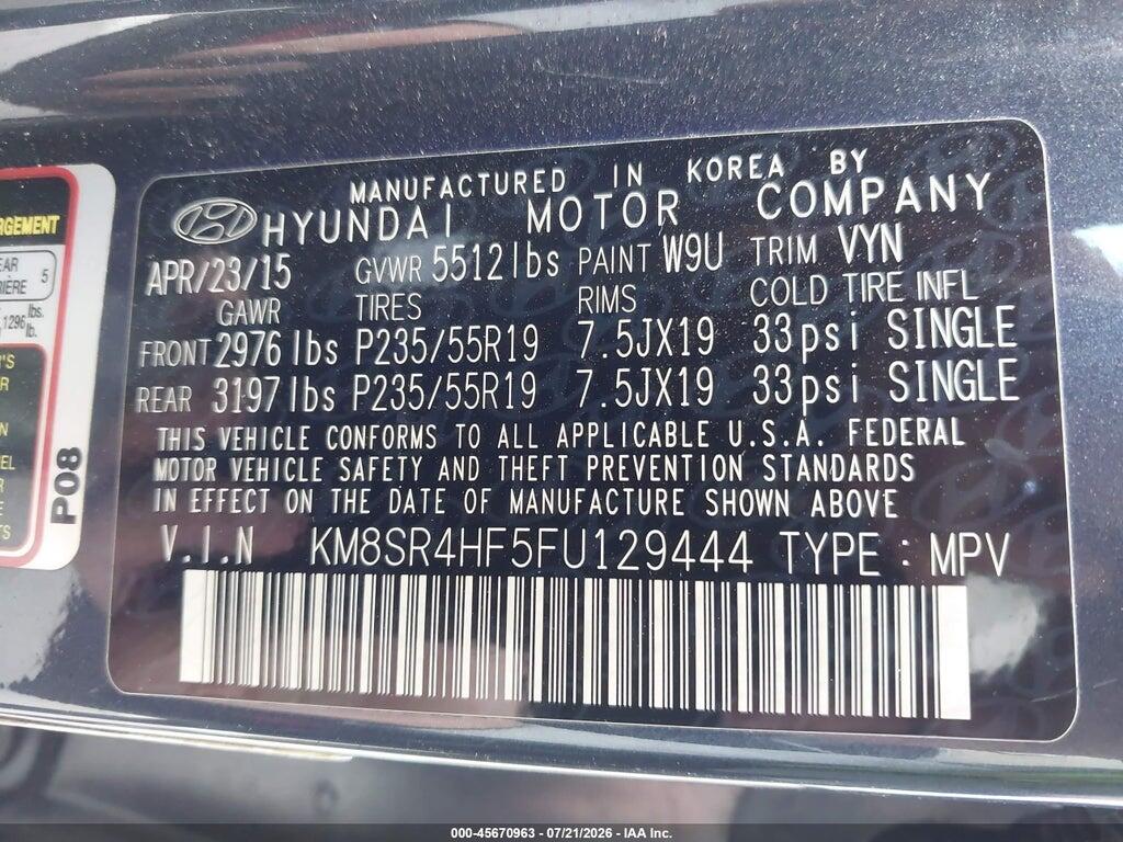 KM8SR4HF5FU129444 2015 HYUNDAI SANTA FE photo no. 9